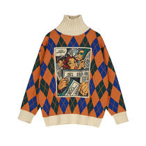 VEGA CHANG lazy sweater women autumn and winter 2021 New High neck cartoon printing diamond stitching knit sweater