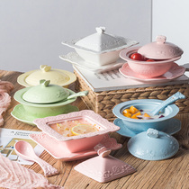 Ceramic European-style Birds Nest Dessert bowl dish spoon set Court shark fin Abalone stew cup Sugar water Binaural bowl Steamed egg with lid