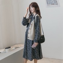 Pregnant women autumn fashion suit Korean knitted vest vest floral chiffon pregnant women dress two-piece Hot Mom