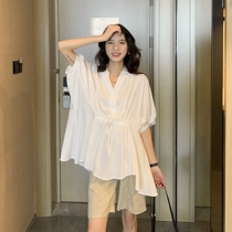 Soft cotton ~ pregnant woman summer shirt top pregnancy foreign-quality drawstring waist white baby shirt breastfeeding clothes