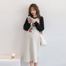 Easy age reduction ~ pregnant woman T-shirt long autumn jacket Korean casual loose color matching stitching bottom sweater skirt