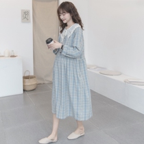 Pregnant women dress 2021 autumn dress Korean fashion long sleeve lace collar plaid cotton linen out breastfeeding dress tide mother