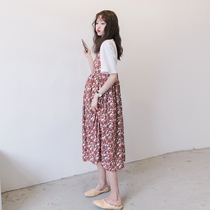 Pregnant women dress summer fashion suit Korean temperament floral chiffon suspender skirt two-piece long dress spring summer tide
