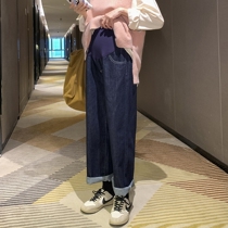 Vintage harbor style ~ pregnant women Jeans Spring and Autumn wear straight tube ankle-length pants loose size wide leg pants daddy pants