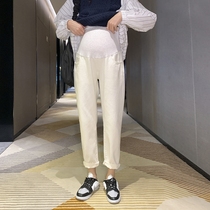 Pregnant womens pants womens spring and autumn high waist belly rice white jeans Korean casual straight 2021 new daddy pants