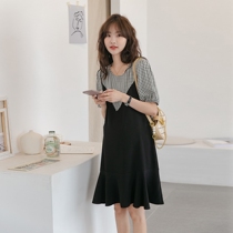 Modern fishtail skirt ~ pregnant woman summer fashion fake two-piece design dress Korean plaid loose fishtail skirt