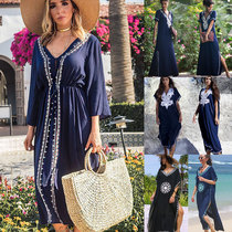 Seaside holiday Liandress Long dress Loose Big Code Cotton Embroidered Sunscreen Woman Beach Jacket Bikini Swimsuit Hood