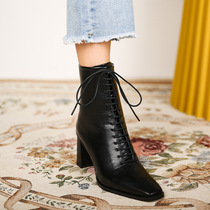 Black coarse high heel Lacing Short Boots Female style boots Children 2021 Early autumn and mid-tube boots Single boot European and American short cylinder