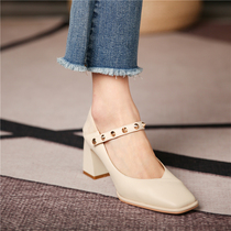 Fan-style rivet high heel shoes woman 2022 new spring and autumn herbene square head white Mary Jane shoes womens retro style