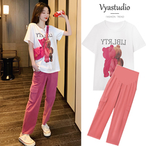 Pregnant Woman Online Red Suit Fashion Models New 2021 Tidal Moms Personality Out Of Pure Cotton Blouse Toabs Pants Two Pieces