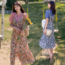 Pregnant Woman Mesh Red Suit Summer Clothing Fashion style Two sets dress pure cotton T-shirt Ocean Gas Minus age snowspun Broken Flowers Skirt