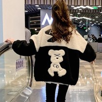 Large Scout thickened medium length Warm Loose Wool hair Even cap cotton jacket cotton clothes lamb middle school student cashmere