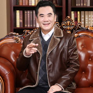 爸爸皮衣加绒加厚中老年皮毛一体皮夹克40岁50男士中年人冬装外套