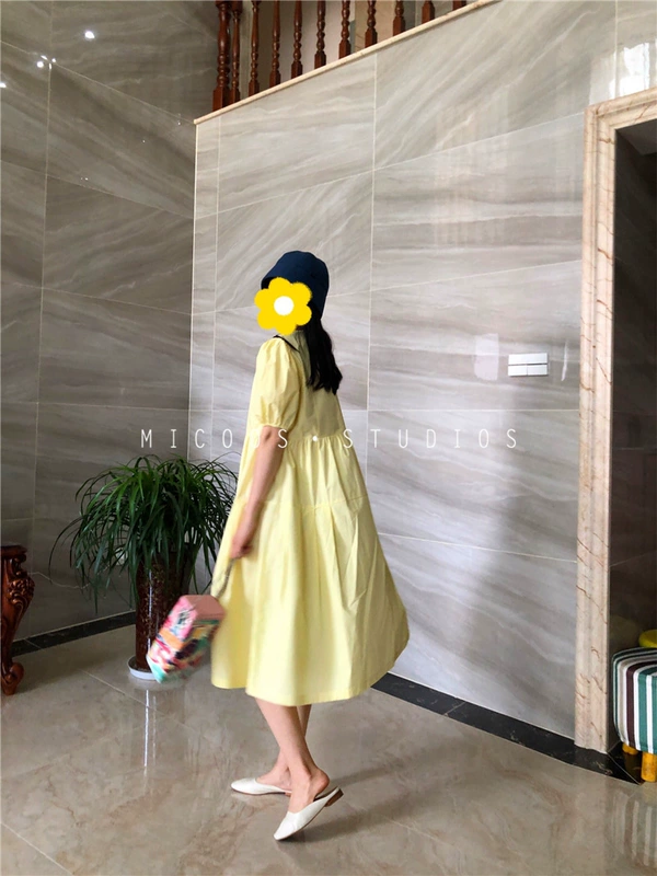 MICOOS Puff tay áo màu vàng nhạt Váy chiết eo cao mùa hè Váy cotton rộng và lỏng mới - Váy eo cao