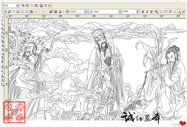 no.1《八仙过海》矢量图,白描黑白线条图,竹简皮画木雕雕刻l图