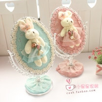 Cute makeup mirror Princess pastoral dressing mirror bear Korean large table mirror lace fabric desktop mirror