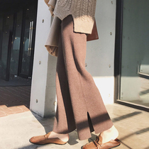 Knit wide-leg pants in autumn and winter retro high waist lazy and loose sensation wool trousers thickened and split nine pants