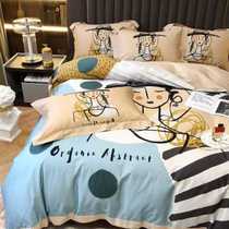 American light luxurious 120 gung satin long suede cotton four pieces full cotton printed Four Seasons nude sleeping bed linen bed supplies o