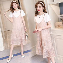 Pregnant Women summer short sleeve two-piece long skirt 2019 new summer dress maternity lace set pregnant women dress