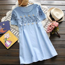 Pregnant women Summer new cotton linen embroidered dress short sleeve long top loose size short maternity dress tide