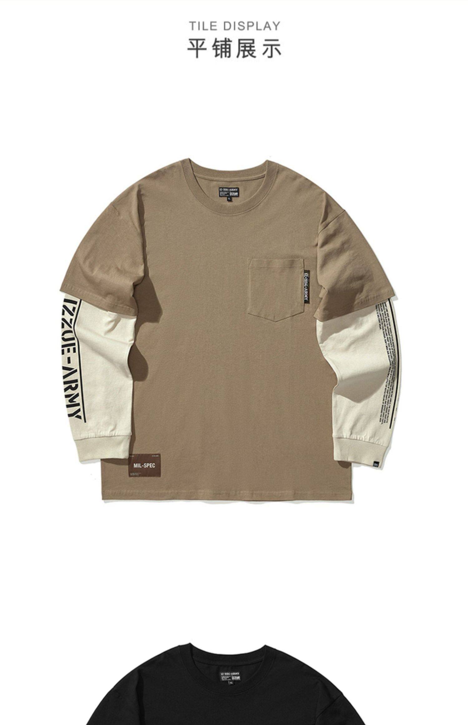 izzue男装假两件长袖t恤春季潮流个性撞色叠层2100s1g