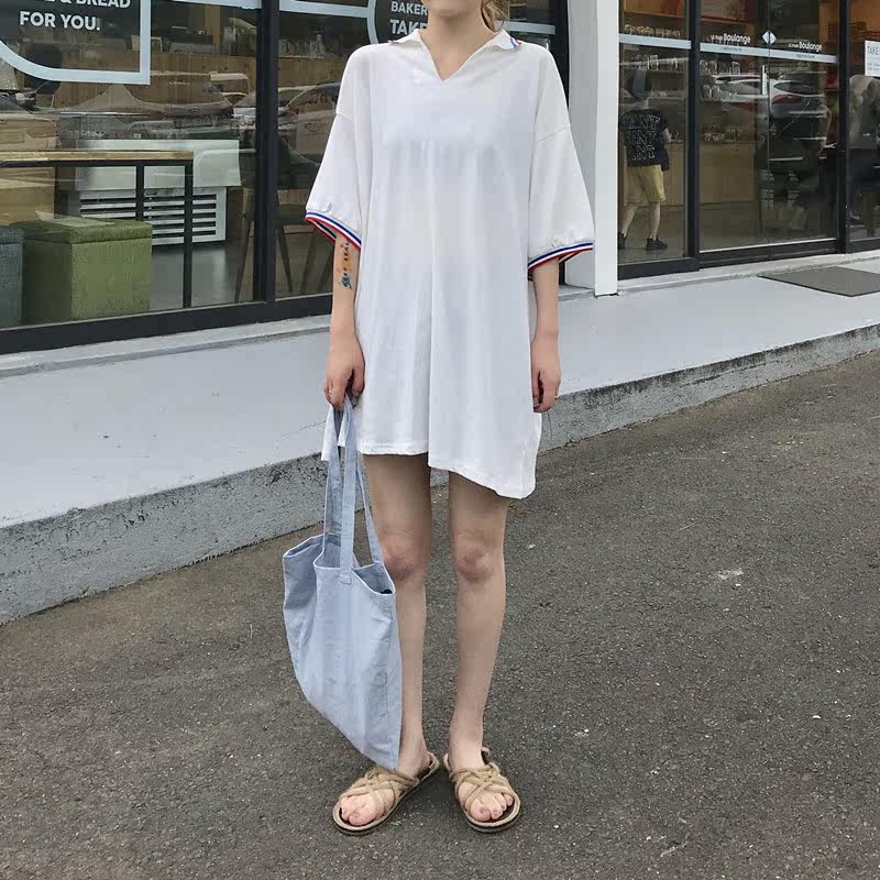 v领纯色修身显瘦中长款宽松腰套头2020年夏季短袖连衣裙