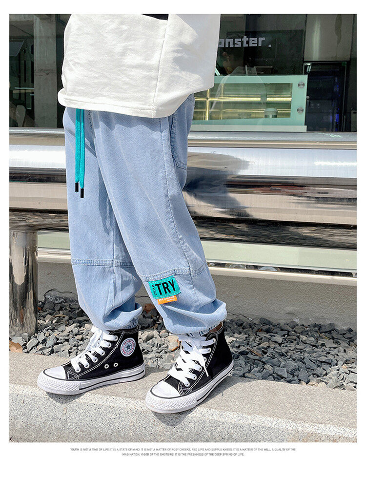 艾酷儿童装贴标字母try牛仔防蚊裤