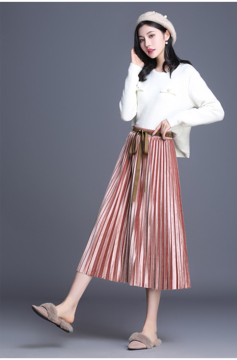 金丝绒半身裙百褶裙秋冬中长款高腰过膝裙