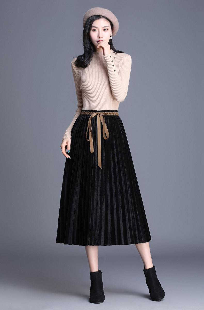 金丝绒半身裙百褶裙秋冬中长款高腰过膝裙