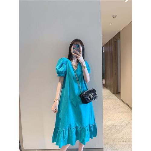 Douyin with the same style hot selling Zhang Jingzhi white and simple peacock blue V-neck puff sleeves simple western style summer fairy