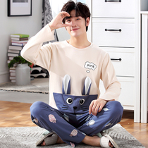 Mens pajamas spring and autumn cotton long sleeve cartoon teenagers plus size cotton home wear winter thin set