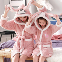 Male and female children coral velvet robes bathrobe children autumn and winter thick hooded parent-child mother flannel home clothing