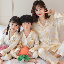 Parent-child pajamas mother Womens Spring and Autumn long sleeves Ice Silk mother and child home clothing silk boys and girls