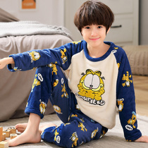 Youth coral velvet pajamas male Winter thickened middle school boy junior high school student flannel home suit suit
