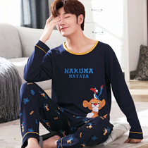 Mens pajamas long sleeve cotton spring and autumn youth students thin cotton cartoon home clothing set autumn and winter