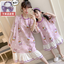 Mother Daughter Sleeping Dress Girl Summer Pure Cotton Short Sleeve Big Childrens Pajamas Summer Paternity-Child Fashion Dress