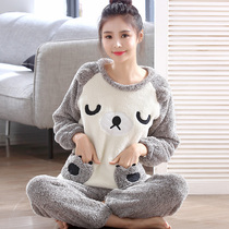 Coral velvet pajamas women autumn and winter long sleeve thick flannel fat mm plus size 200kg Home clothing set