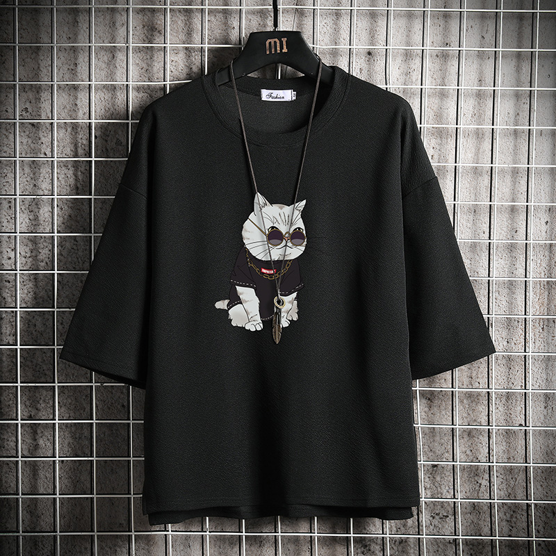 short sleeve summer japanese 3 / 4 sleeve t-shirt for men's loose fashion printed fat man half sleeve large 5 / 4 sleeve top