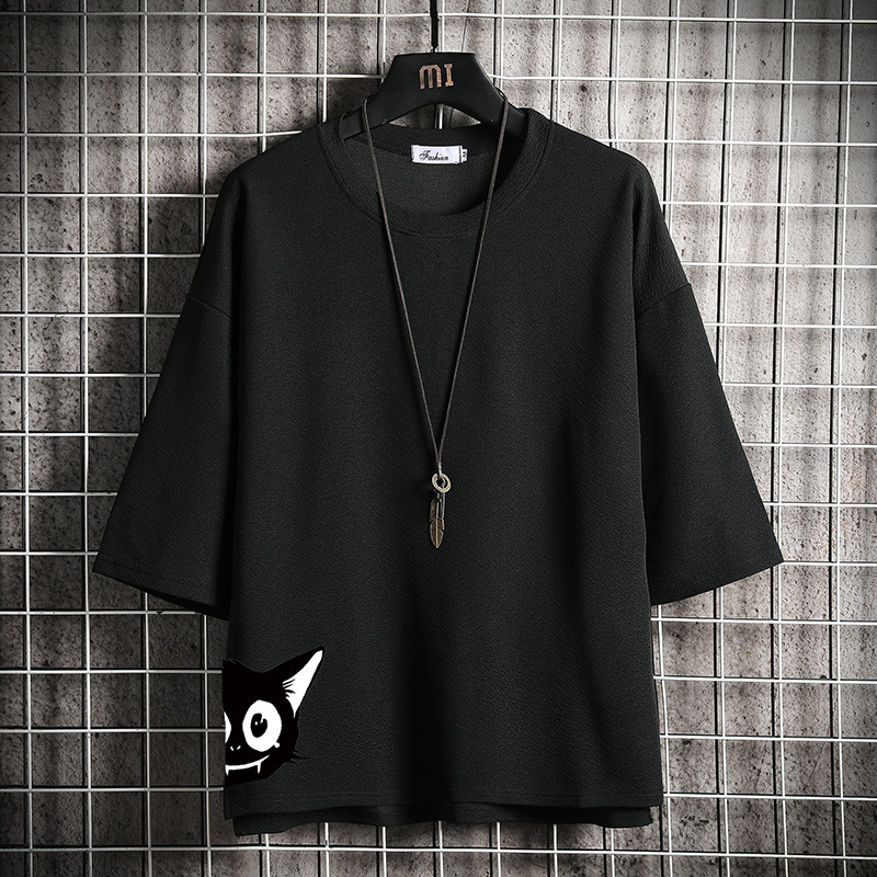 short sleeve summer japanese 3 / 4 sleeve t-shirt for men's loose fashion printed fat man half sleeve large 5 / 4 sleeve top