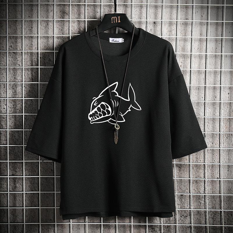 short sleeve summer japanese 3 / 4 sleeve t-shirt for men's loose fashion printed fat man half sleeve large 5 / 4 sleeve top