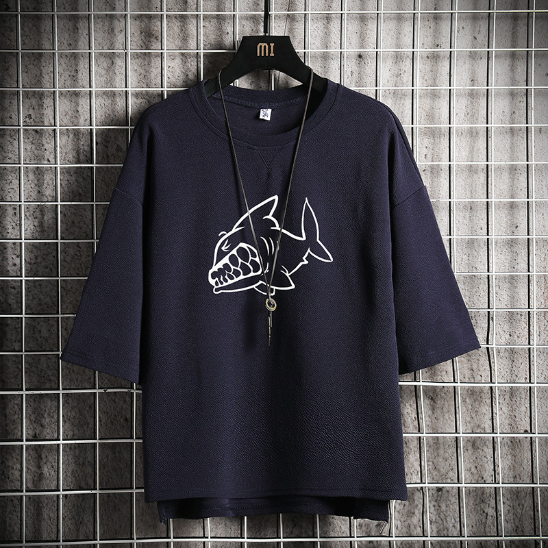 short sleeve summer japanese 3 / 4 sleeve t-shirt for men's loose fashion printed fat man half sleeve large 5 / 4 sleeve top