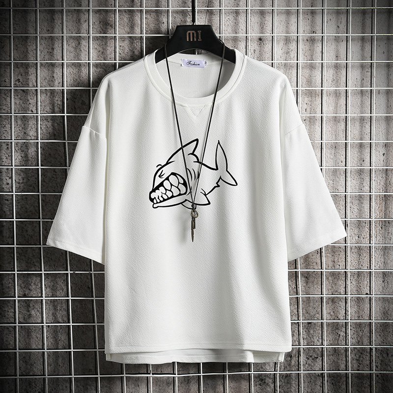 short sleeve summer japanese 3 / 4 sleeve t-shirt for men's loose fashion printed fat man half sleeve large 5 / 4 sleeve top