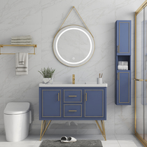 Nordic light luxury bathroom cabinet floor-standing bathroom basin cabinet combination face washing table intelligent bathroom round mirror
