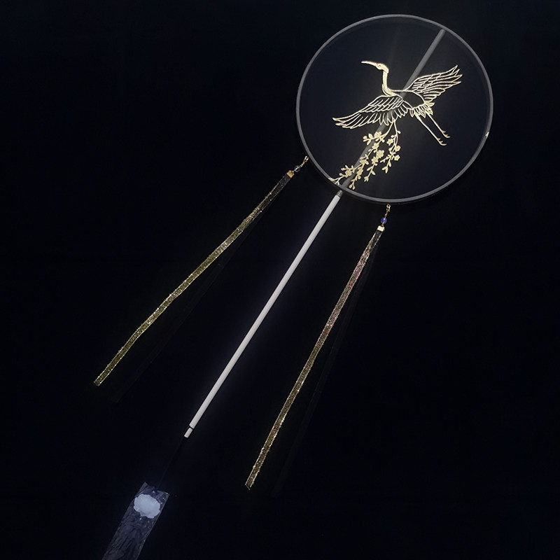 手工团扇古风长柄扇子古典风古装汉服跳舞蹈仙鹤流苏飘带圆扇