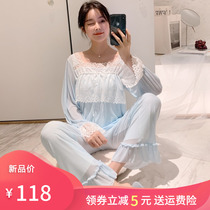Palace pajamas Womens Spring and Autumn long sleeves lace modal mesh gauze princess style set home clothes two pieces cute
