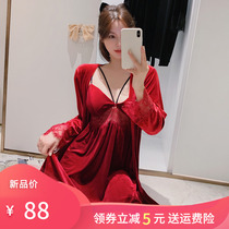 Pajamas with chest pad pajamas womens autumn and winter long sleeves golden velvet sexy suspenders nightgowns two-piece set