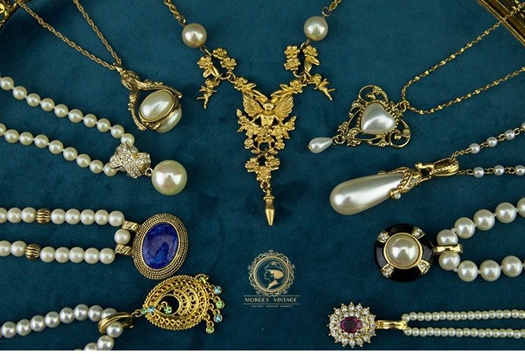 morges vintage海外复古董首饰舶来品珍珠水钻金色项链毛衣链集