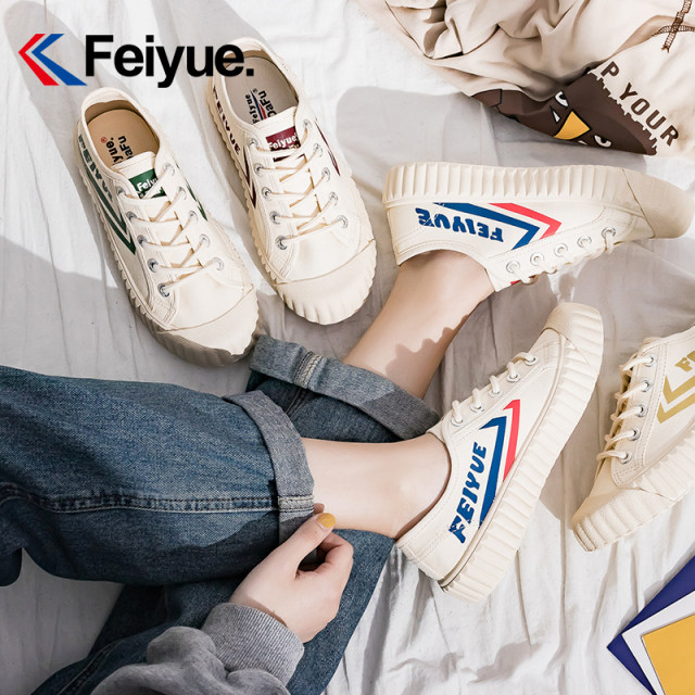 Feiyue canvas shoes women's 2024 spring official official beige retro biscuit shoes low-top sport casual sneakers trendy shoes