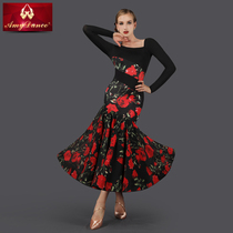 Amy dance dress ballroom dance dress with crotch collar print stitching large pendulum long sleeve national standard dance performance dress tango dance dress