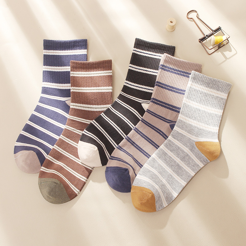 袜子男冬季纯棉中筒袜厚防臭吸汗长筒条纹男袜